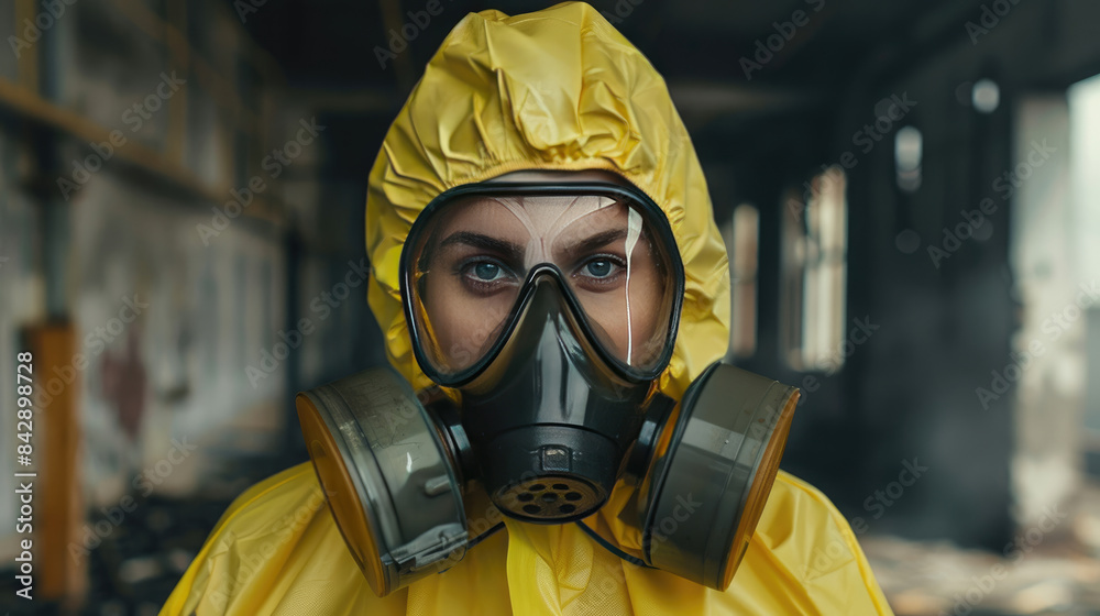 Female Worker in Hazmat Suit and Gas Mask Female Worker in Hazmat Suit and Gas Mask