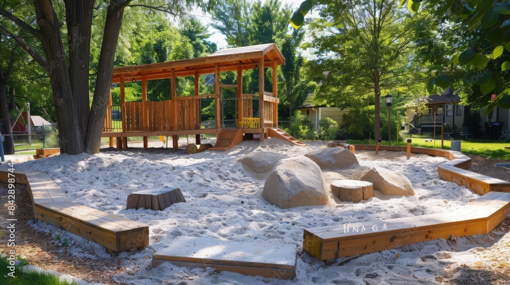 Fototapeta premium A playground adjacent to a community garden, encouraging children to explore nature and gardening