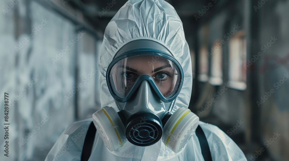 Female Worker in Hazmat Suit and Gas Mask Female Worker in Hazmat Suit and Gas Mask