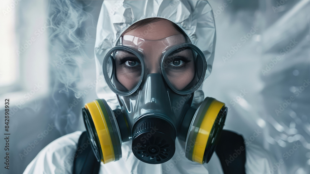 Female Worker in Hazmat Suit and Gas Mask Female Worker in Hazmat Suit and Gas Mask