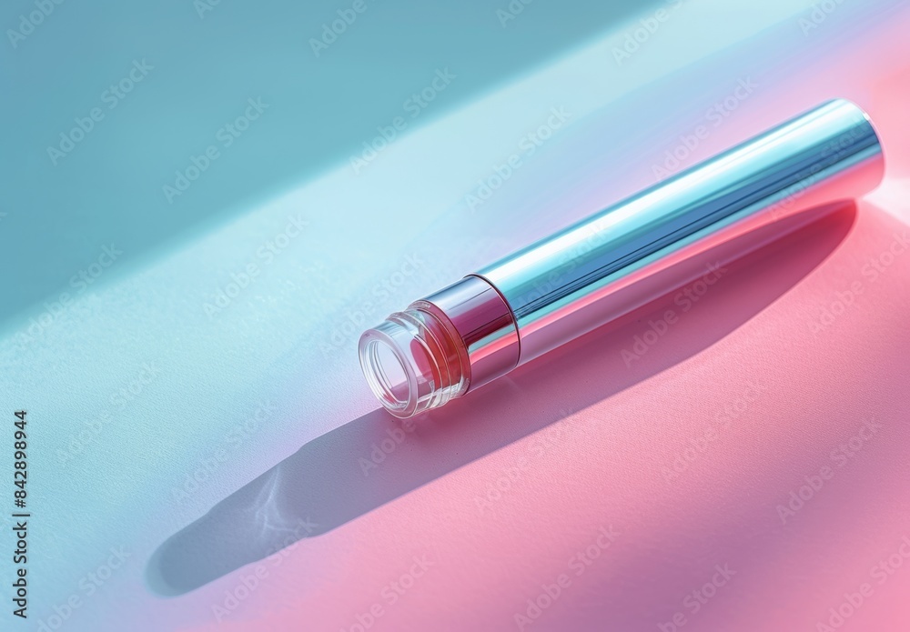 A sleek and modern blank cosmetic tube with a flip-top cap, lying flat on a pastel-colored surface, with shadows adding depth to the image A sleek and modern blank cosmetic tube with a flip-top cap, lying flat on a pastel-colored surface, with shadows adding depth to the image