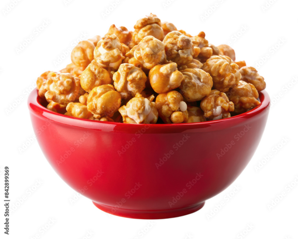 Bowl of caramel popcorn, featuring a delicious sweet and crunchy snack in a red bowl, isolated on transparent background, png. Bowl of caramel popcorn, featuring a delicious sweet and crunchy snack in a red bowl, isolated on transparent background, png.