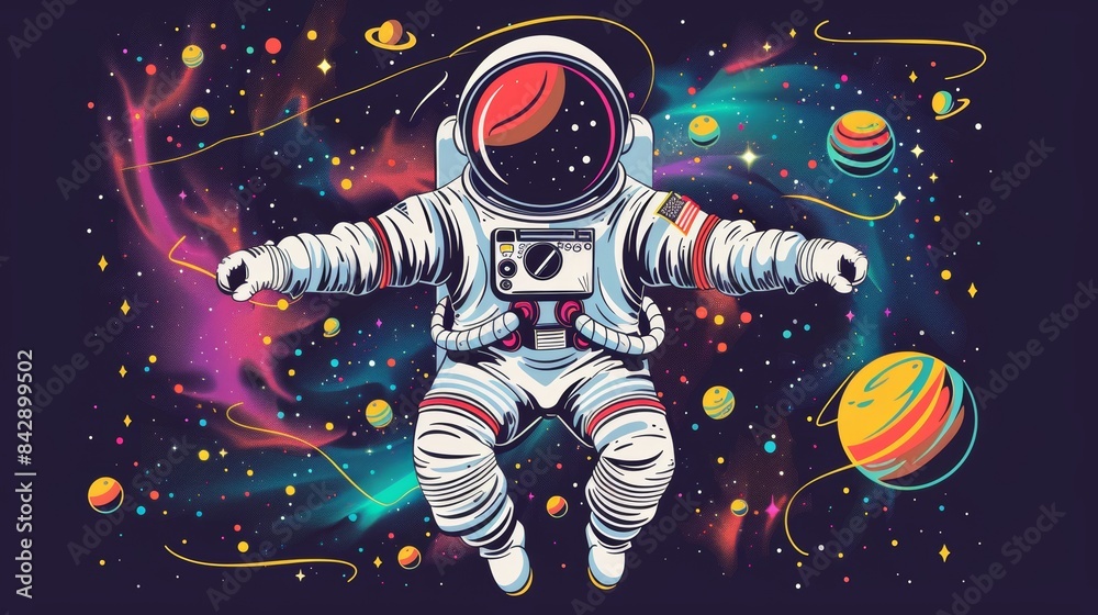 Cosmic space adventure with cartoon astronaut in vector illustration