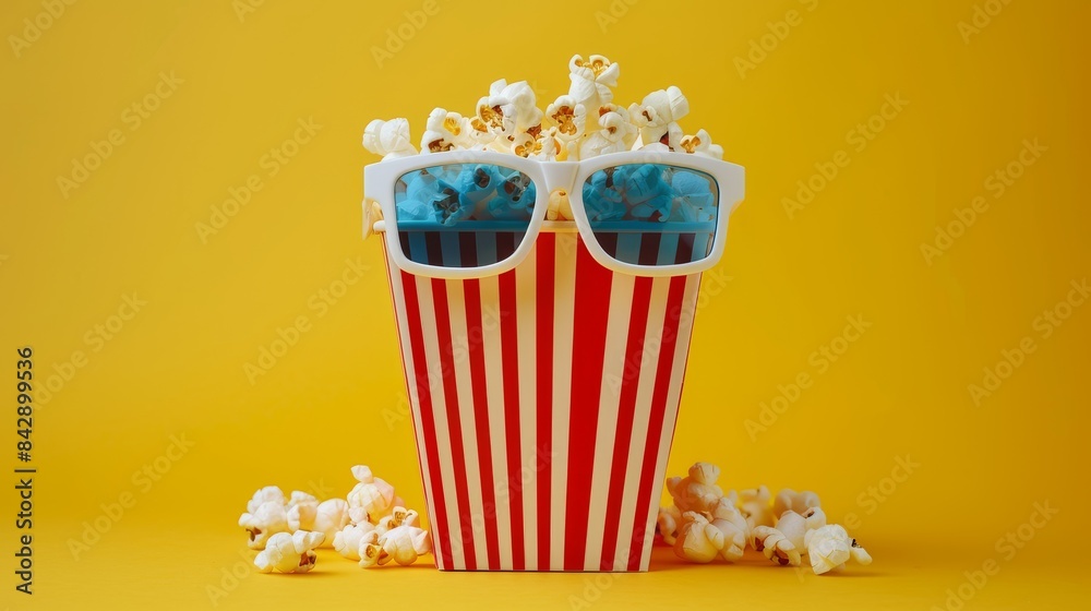 A playful depiction of a vibrant popcorn bucket tipped over with 3D glasses, set against a bright yellow background, perfect for cinema enthusiasts. A playful depiction of a vibrant popcorn bucket tipped over with 3D glasses, set against a bright yellow background, perfect for cinema enthusiasts.