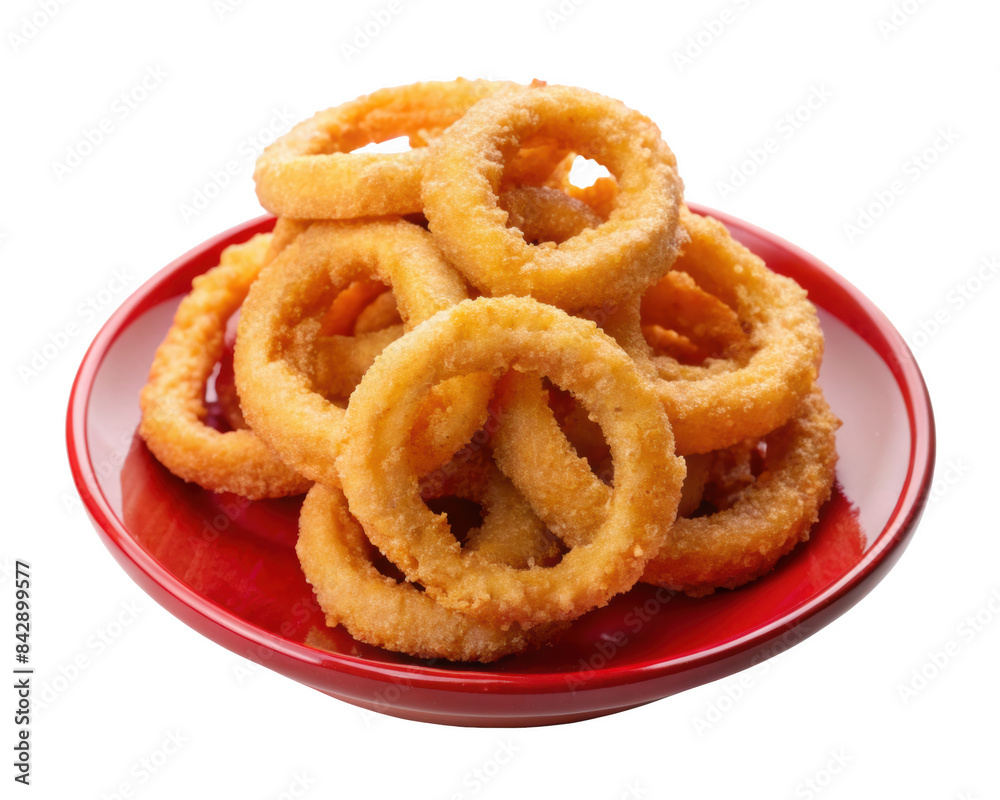 Plate of onion rings, featuring a golden crispy snack in a red plate, isolated on transparent background, png. Plate of onion rings, featuring a golden crispy snack in a red plate, isolated on transparent background, png.