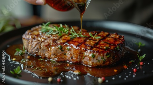 A handsomely plated steak is drizzled with glaze, surrounded by herbs and spices photo