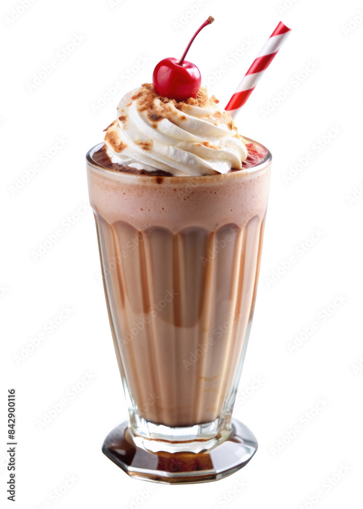 Chocolate milkshake with cherry, featuring a tall glass filled with creamy drink topped with whipped cream and a cherry, isolated on transparent background, png. Chocolate milkshake with cherry, featuring a tall glass filled with creamy drink topped with whipped cream and a cherry, isolated on transparent background, png.