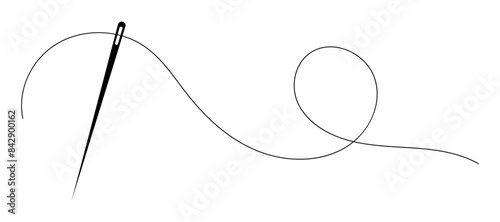 Sewing needle icon with a long black thread illustration.