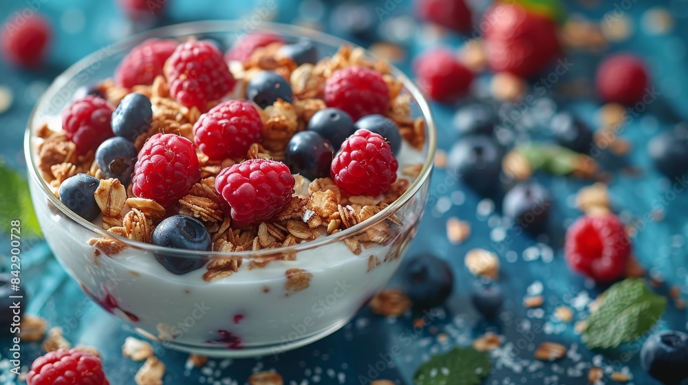 A vibrant bowl of yogurt topped with granola, raspberries, and blueberries on a blue surface A vibrant bowl of yogurt topped with granola, raspberries, and blueberries on a blue surface