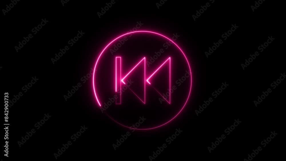 Linear neon animation of blue rewind button on black background. Motion graphic.