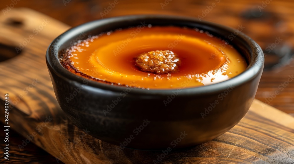 A smooth caramel custard, topped with a layer of hardened caramel for crunch. A smooth caramel custard, topped with a layer of hardened caramel for crunch.