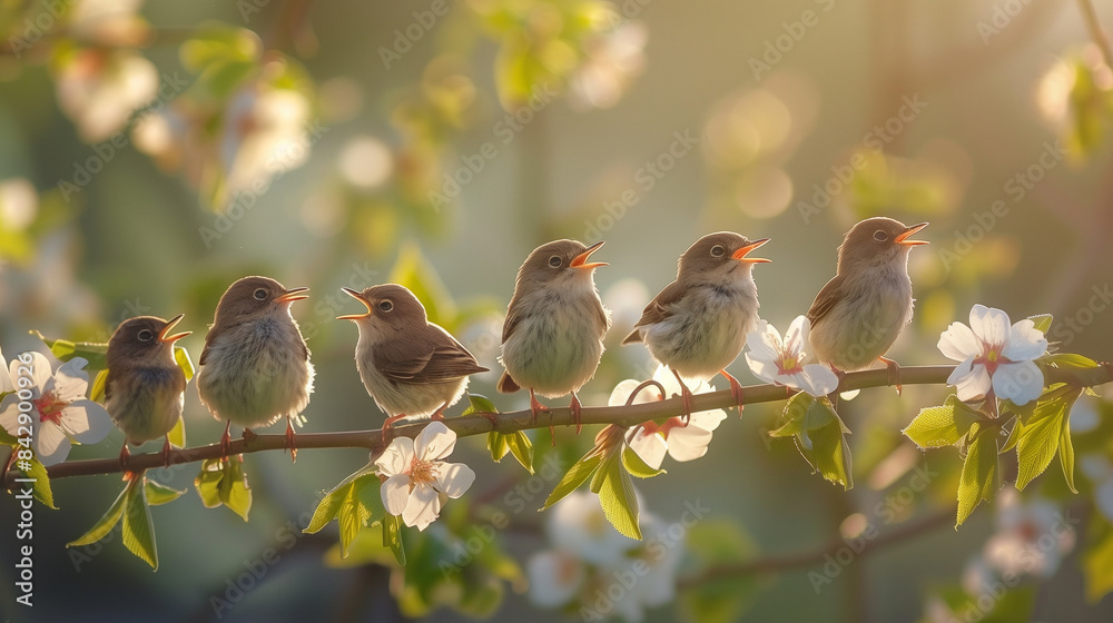 Obraz premium Birds singing on a blooming branch during sunrise