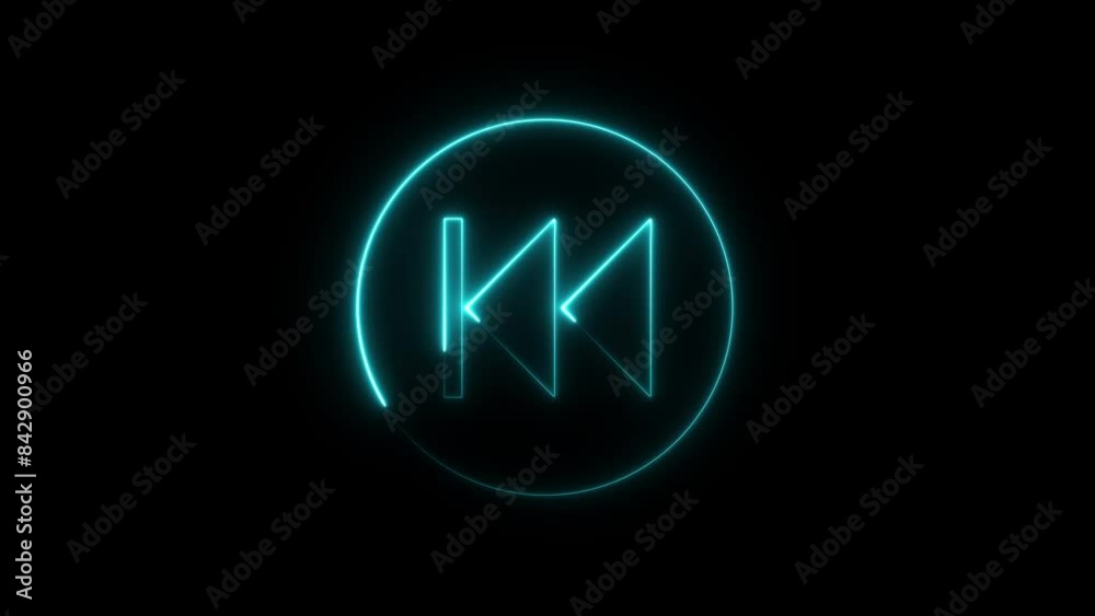 Linear neon animation of blue rewind button on black background. Motion graphic.