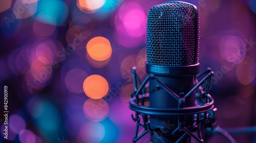 Premium studio microphone with a detailed pattern on a purple bokeh background  representing modern music production