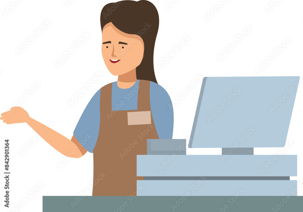 Friendly cashier is gesturing to the side while working at the checkout of a grocery store Friendly cashier is gesturing to the side while working at the checkout of a grocery store