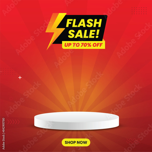 Flash sale social media post with podium and red background. Vector design for social media. Flash sale mnemonic.