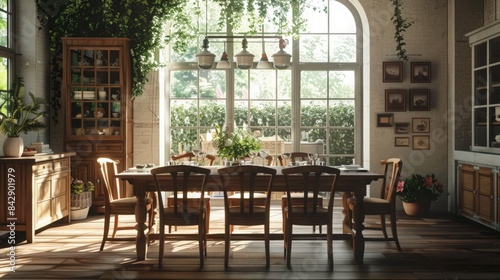 A sunlit dining room with a large wooden table and chairs, ideal for hosting dinner parties. © Thirawat