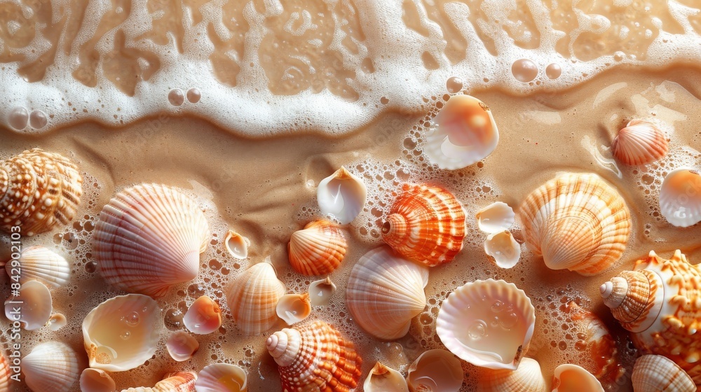 Seashells scattered across a sandy beach are gently lapped by foamy ocean waves, symbolizing a peaceful seaside scene