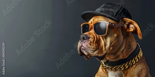 Stylish gangster hip hop star dog wearing baseball cap, sunglasses, golden cuban chain, isolated on dark gray background, looking to the side, copy space, funny animal party greeting card banner desig photo