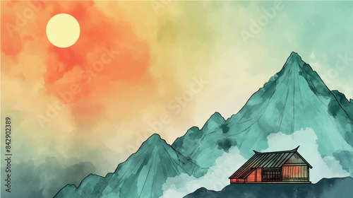 traditional chinese watercolor painting of tibetan mountains, misty landscape, vector illustration