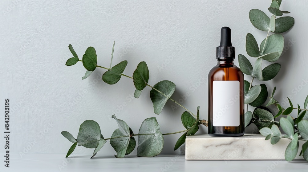 Cosmetic Product Mockup: Brown Glass Bottle with Blank Label and Eucalyptus on White Background, Large Copy Space Cosmetic Product Mockup: Brown Glass Bottle with Blank Label and Eucalyptus on White Background, Large Copy Space