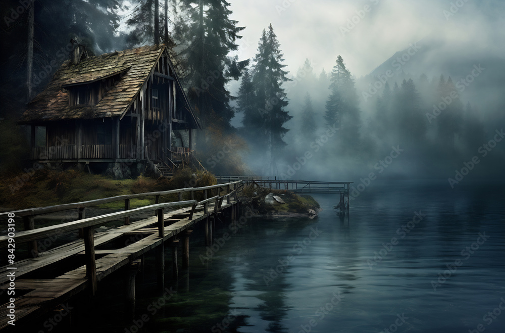 Obraz premium House built on a dock in the middle of a lake