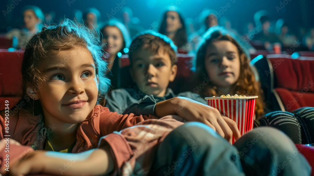 Fototapeta premium Happy family enjoying movie night at home with popcorn and smiles