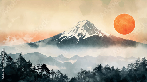 traditional japanese watercolor painting of fujiyama mountain, misty landscape, vector illustration