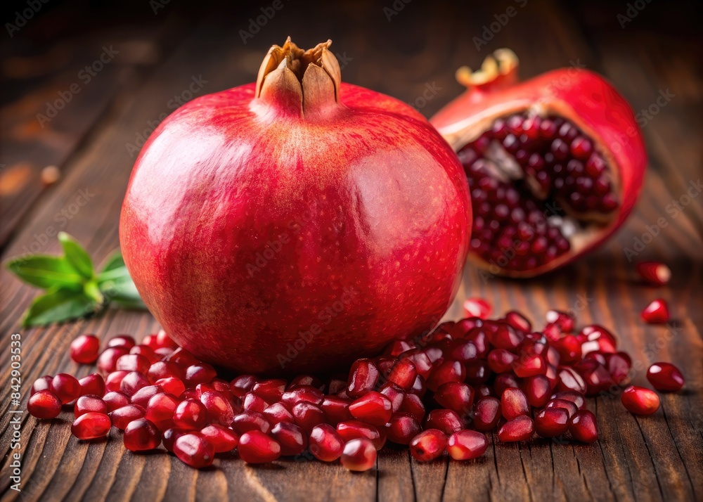 Fresh Red Pomegranate Fruit and Seeds on Wooden Table. Generative AI Fresh Red Pomegranate Fruit and Seeds on Wooden Table. Generative AI
