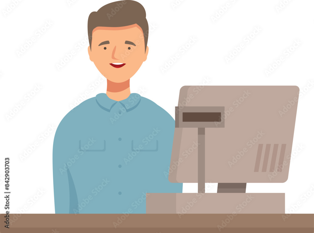 Male cashier smiling while working at checkout counter with cash register Male cashier smiling while working at checkout counter with cash register