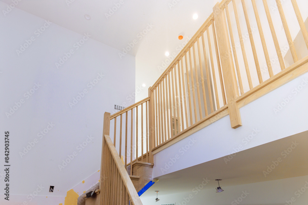 Obraz premium Wooden handrails as well railings stairs with in new house are designed classic style