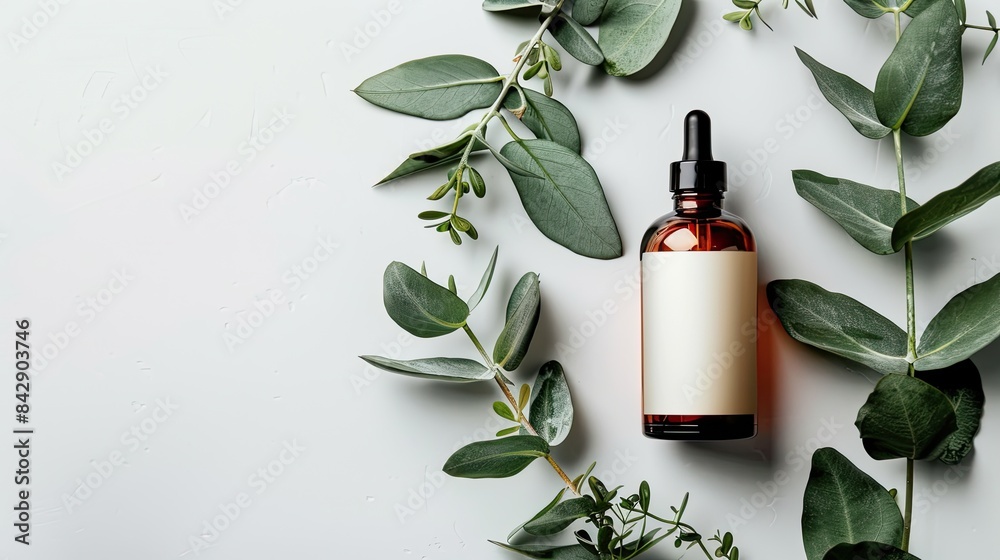 Cosmetic Product Mockup: Brown Glass Bottle with Blank Label and Eucalyptus on White Background, Large Copy Space Cosmetic Product Mockup: Brown Glass Bottle with Blank Label and Eucalyptus on White Background, Large Copy Space