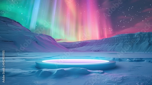 A mesmerizing view of the Northern Lights dancing over a pristine, snow-covered landscape with a modern, illuminated circle on the ground.