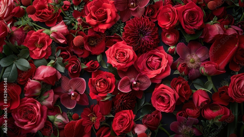 A vibrant collection of red flowers, including roses, creating a stunning and romantic floral arrangement perfect for any occasion. A vibrant collection of red flowers, including roses, creating a stunning and romantic floral arrangement perfect for any occasion.