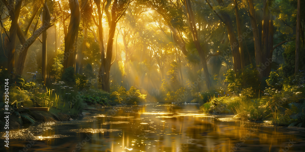 Obraz premium Golden Sunset Over Tranquil Forest Stream - Generative AI