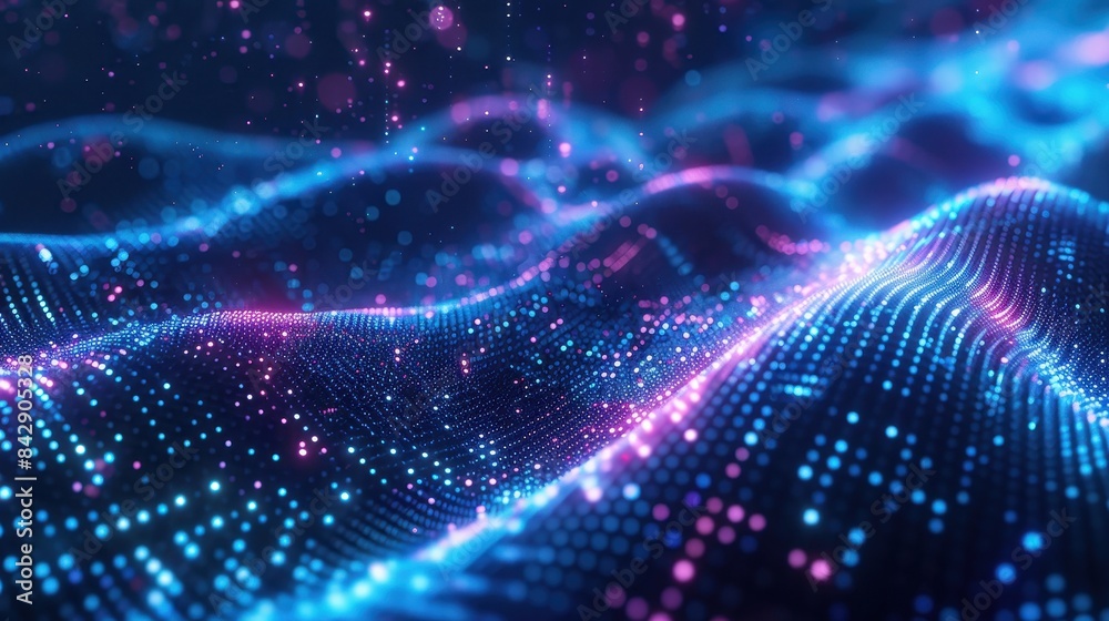 Abstract glowing digital wave pattern with bokeh effect showcasing modern technology and communication in blue and pink tones. Abstract glowing digital wave pattern with bokeh effect showcasing modern technology and communication in blue and pink tones.