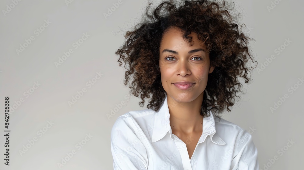 Happy woman with curly hair, standing with arms folded, simple white backdrop, casual white shirt, isolated, natural beauty and confidence, copy space Happy woman with curly hair, standing with arms folded, simple white backdrop, casual white shirt, isolated, natural beauty and confidence, copy space