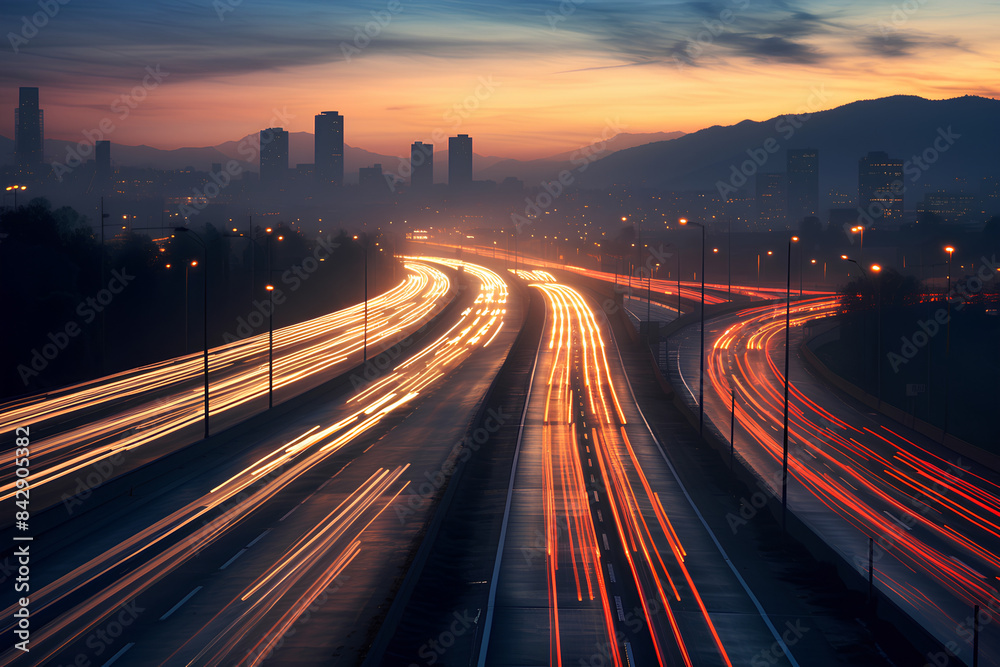 blurs of cars moving on a freeway short after sundown blurs of cars moving on a freeway short after sundown