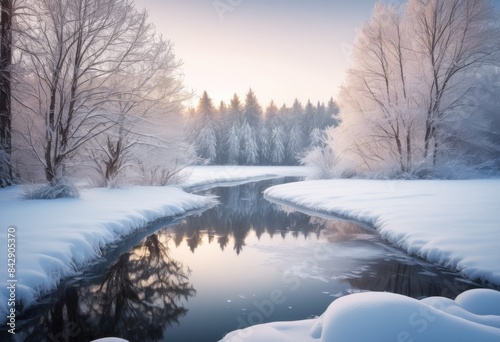 serene winter frozen pond snow covered trees, scene, landscape, icy, white, nature, frost, water, reflection, branches, tranquility, chilly, wintertime © Yaroslava