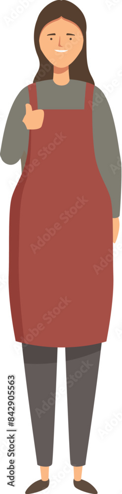 Smiling confident young woman seller wearing apron showing thumb up gesture approving your choice