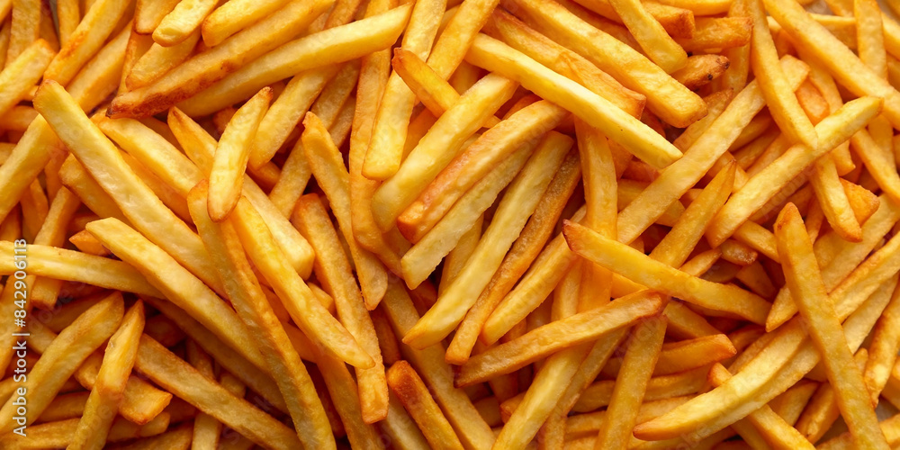 Overhead view of golden deep fried French fries food in full frame closeup. Overhead view of golden deep fried French fries food in full frame closeup.
