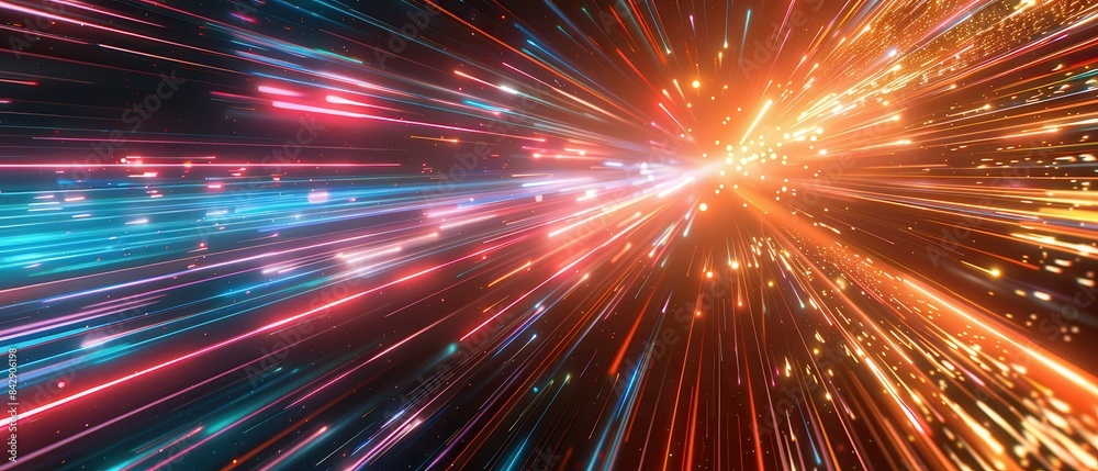 Bright and colorful abstract light streaks bursting from a central point creating a dynamic and energetic visual effect. Bright and colorful abstract light streaks bursting from a central point creating a dynamic and energetic visual effect.