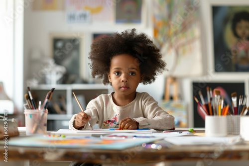 Young girl painting on a canvas in an art studio. photo