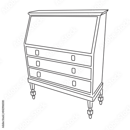 set isolated linear furniture vintage wooden chest of drawers commode in vector. interior icon for poster sticker design logo
