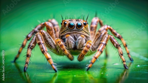 Close-Up of a Brown Jumping Spider on Green Foliage. Generative AI