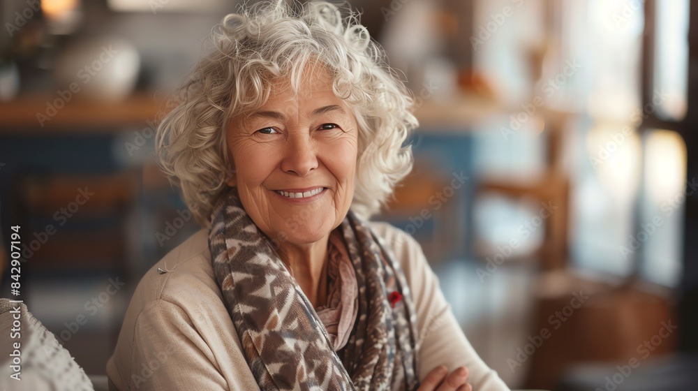 Senior woman with a joyful expression, indoor setting, soft lighting, modern home, isolated, warm and inviting, copy space Senior woman with a joyful expression, indoor setting, soft lighting, modern home, isolated, warm and inviting, copy space