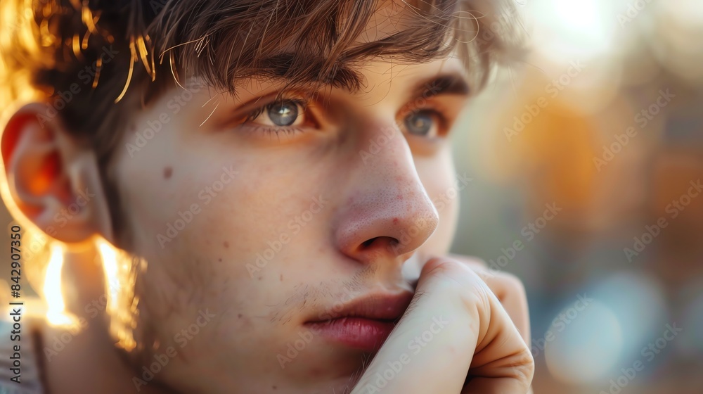 Young man with a thoughtful look, hand near face, bright natural background, isolated, serene and introspective, copy space Young man with a thoughtful look, hand near face, bright natural background, isolated, serene and introspective, copy space