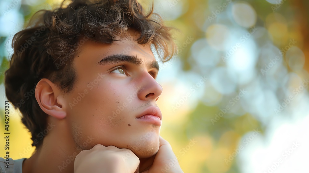 Young man with a thoughtful look, hand near face, bright natural background, isolated, serene and introspective, copy space Young man with a thoughtful look, hand near face, bright natural background, isolated, serene and introspective, copy space