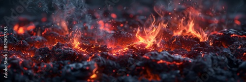 A closeup of the red and black flames in an ash-filled fireplace, creating an intense visual experience. © ifoto