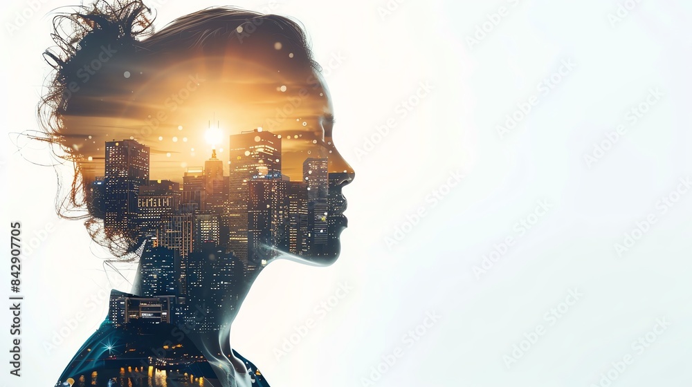 Pensive woman s profile with overlay of a jubilant group, conceptual cityscape, leadership and teamwork, isolated, future vision, copy space Pensive woman s profile with overlay of a jubilant group, conceptual cityscape, leadership and teamwork, isolated, future vision, copy space